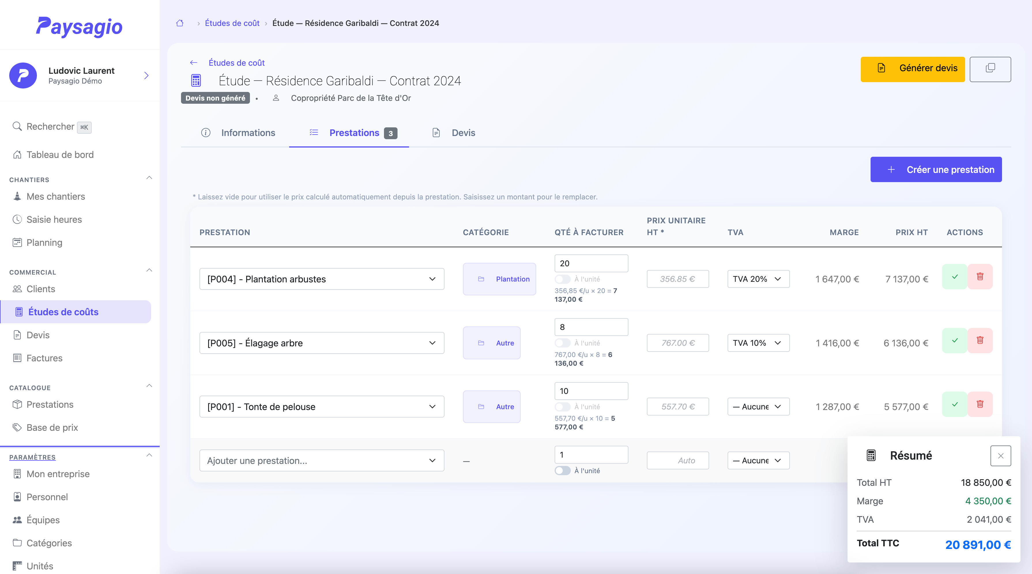Étude de coût détaillée dans Paysagio